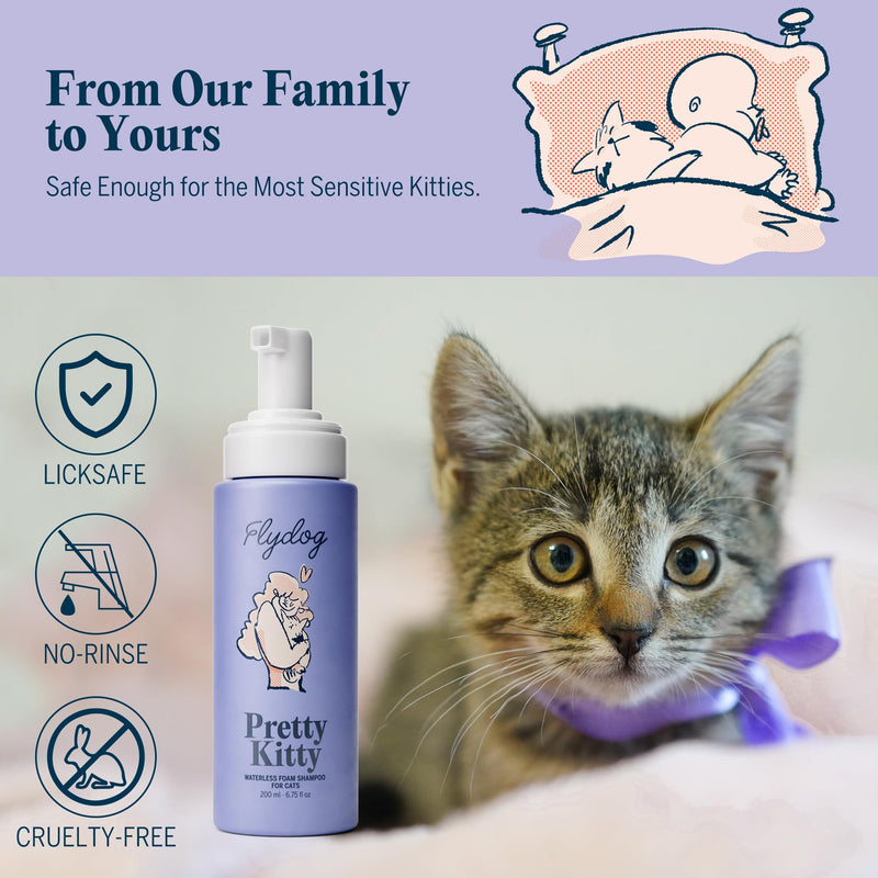 Pretty Kitty Cat Dry Shampoo - No Rinse Cat Shampoo for Cats and Kitten, Soap-Free Waterless Grooming Foam Action for Dry Skin, Detangler, Deshedding, Itchy Skin - Lick-Safe Pretty Kitty