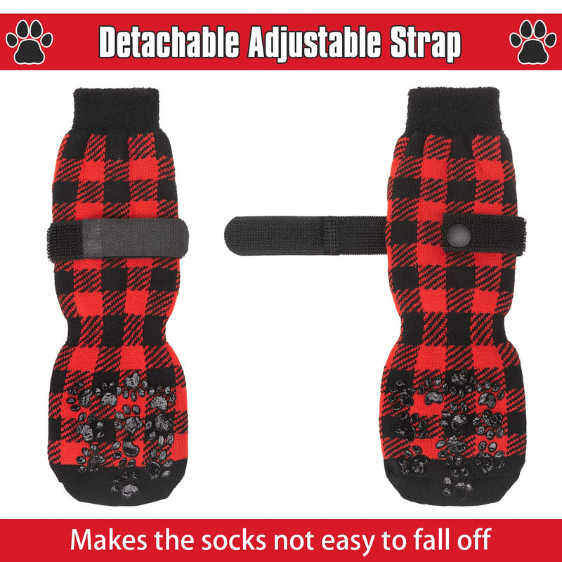 BINGPET Warm Non-Slip Dog Socks for Winter Cold Weather, Classic Plaid Soft Pet Paw Protector with Adjustable Straps and Double-Sided Anti-Slip Paw Patterns, Better Control on Wooden Floor Red Small - PawsPlanet Australia