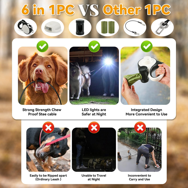 Heavy Duty Retractable Dog Leash for Large Dogs, 26ft with Chew Proof Cable, LED Light, Dispenser, 2 Poop Bags. 360° No Tangle, One Button Brake & Lock, for Dogs Up to 100Lbs. (White, 26ft) White - PawsPlanet Australia