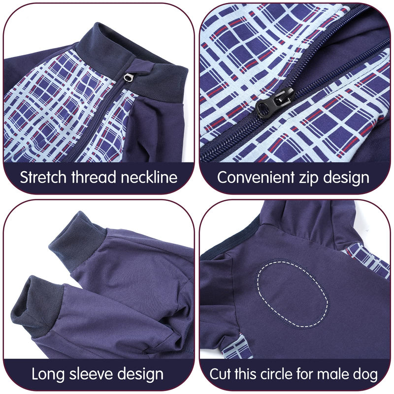 HEYWEAN Dog Recovery Suit - Long Sleeve Bodysuit for Post-Surgery Dogs - Zip Onesie, Wound Protector, Cone-E Collar Alternative Blue Plaid XXXL