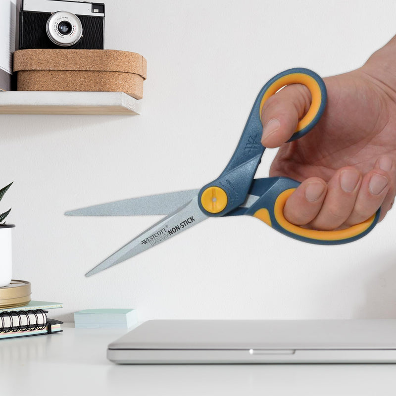 Westcott 8-Inch Non-Stick Titanium Scissors For Office and Home - Glide Adjust Technology - Grey/Yellow Craft, Fabric Scissors - 3 Pack 8-inch (3-Pack) - PawsPlanet Australia
