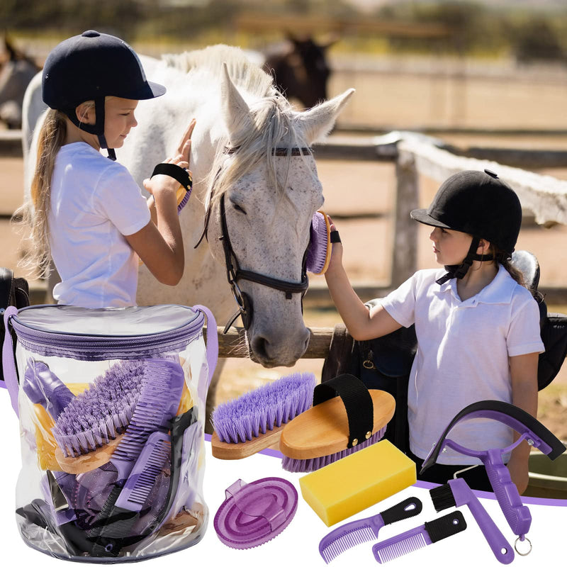 Cunhill 9 Pcs Horse Grooming Kit Tack Room Supplies Set with Tote Bag, Oval Massage Curry, Hard and Soft Brush, Hoof Pick, Sweat Scraper, Bathing Sponge, Comb for Horse Rider(Cute,Purple) Cute Purple