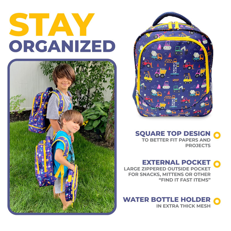 Toddler Backpack for Boys, Cute 13” Daycare PreSchool Kindergarten Elementary School Boy Backpacks, Water Bottle Pocket Holder, Insulated Padded Bags for Toddlers Kids Travel Bag, Blue Yellow Trucks - PawsPlanet Australia