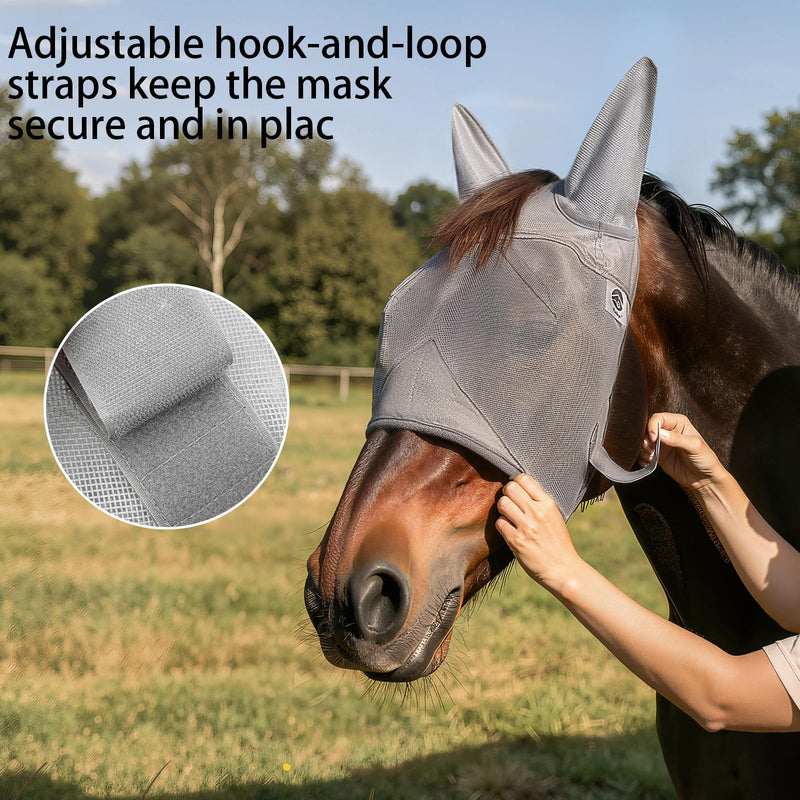 Raelitego Horse Fly Mask, Adjustable Fly Masks for Horses with Ears, UV Protection from Insect Pests Comfort Mesh Without Nose Average Size Horses Accessories(Large) Large