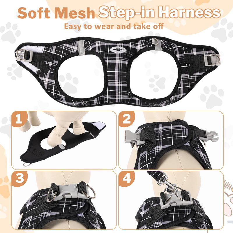 Gyuzh Small Dog Harness and Leash Set, 3-in-1 Step in No Pull Harness Vest Collar for Small Dogs & Cats, Lightweight Breathable Mesh Reflective Plaid with Padded Handle (Black, L) Black - PawsPlanet Australia