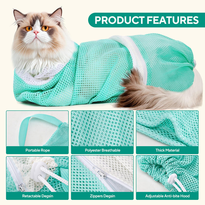Cat Bag for Bath Adjustable Breathable Mesh Pet Restraint Bag for Bath Nail Trim Medicine and Vet Visits Escape Proof Wash Bag Green Blue - PawsPlanet Australia