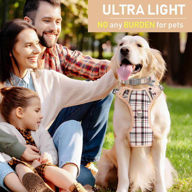 GAMUDA Dog Harness Collar and Leash Set, Dog Harness, No Chock No Pull Adjustable Vest Harnesses Plaid Reflective for Medium Dog, Cat, Small Horse, Small Bull and Pig (Beige, M) Beige - PawsPlanet Australia