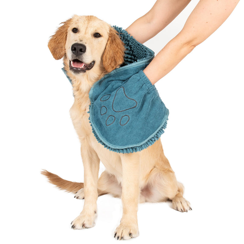 Dog Gone Smart The Dirty Dog Shammy - Fast Drying Dog Bath Towel - Plush Shammy Towel for Dog with Dual Hand Pockets and Elastic - Super Absorbent Microfiber and Machine Washable - Pacific Blue - PawsPlanet Australia