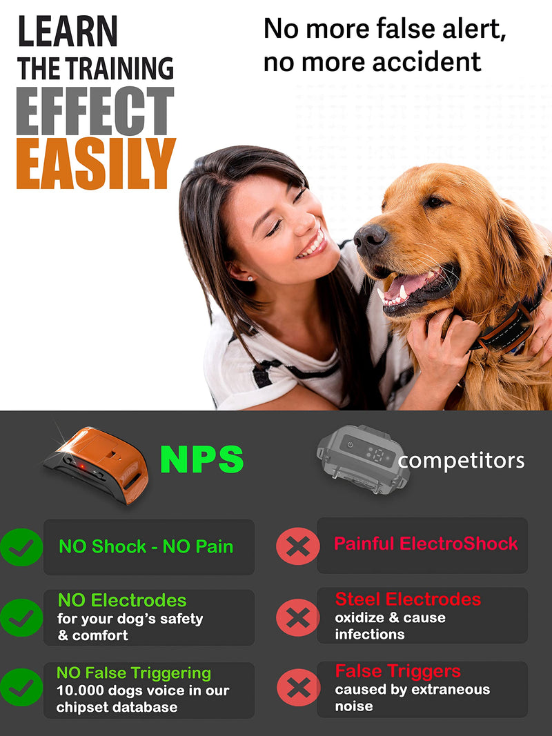 NPS Dog Bark Collar for Large Small Medium Dogs 5-150 Lbs, No Shock Dog no Bark Collar with Smart Sensitivity & Intensity Beep Vibration - Newer 2022 - Release, Anti Barking Behavior Training Device Orange