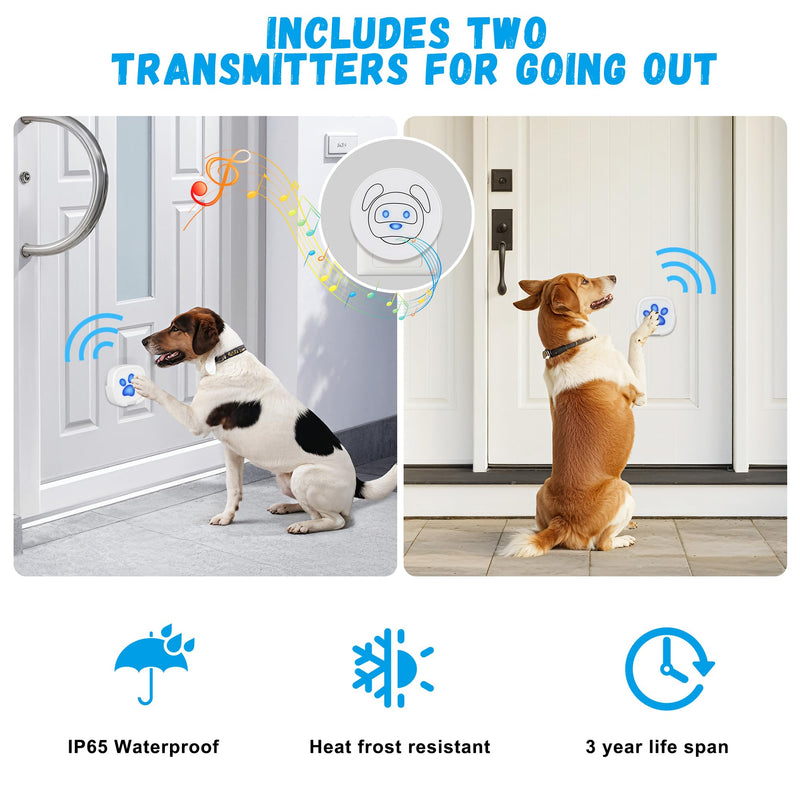 Dog Doorbell, Wireless Ring Bell to Go Outside, IP55 Waterproof Buttons, 55 Melodies, 4 Volume Levels & 950ft Range (White, 1 Reciever 2 Transmitters) White - PawsPlanet Australia