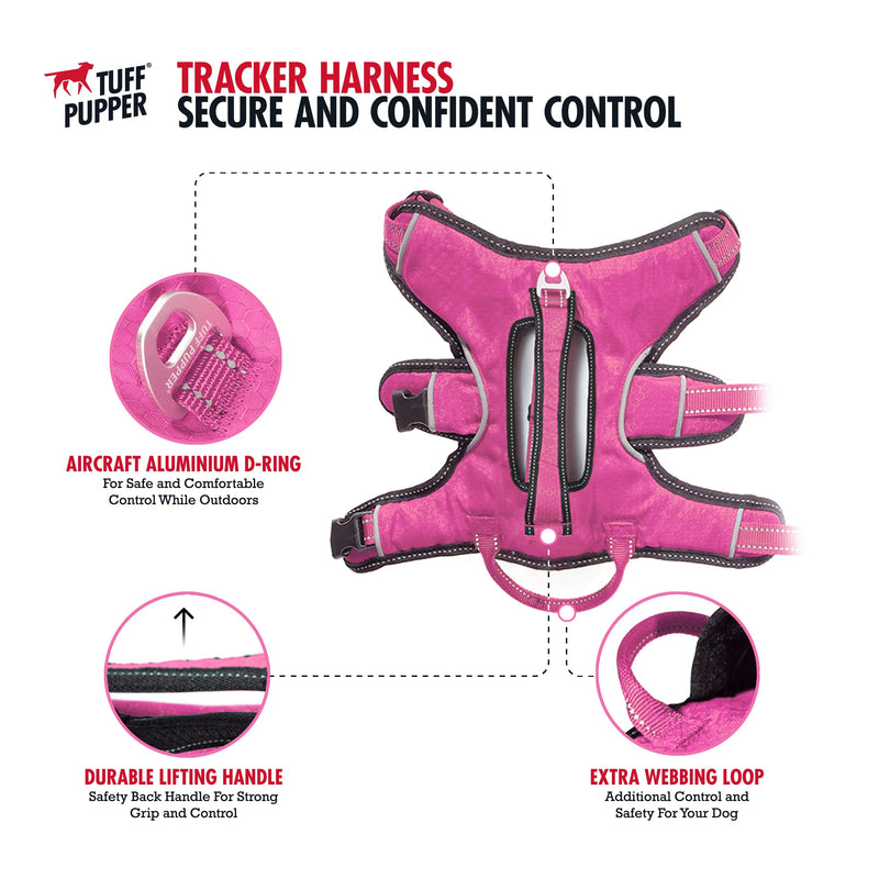 Tuff Pupper Updated for 2024 - Tracker No Escape Dog Harness | Dual Escape Proof Leash Attachments | 5 Point Adjustable Fit Harness for Dogs | Padded Dog Harness for Comfort | Handle Dog Lift Harness Medium (Neck: 18-21" , Chest: 21-28") Hot Pink - PawsPlanet Australia