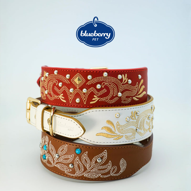 Blueberry Pet Genuine Leather Dog Collar - Western-Inspired Brown Leather Dog Collar for Large Dogs with Floral Embroidery & Turquoise Studs, 18-22 Inch Adjustable & Durable for City Pet Owners Canyon Brown