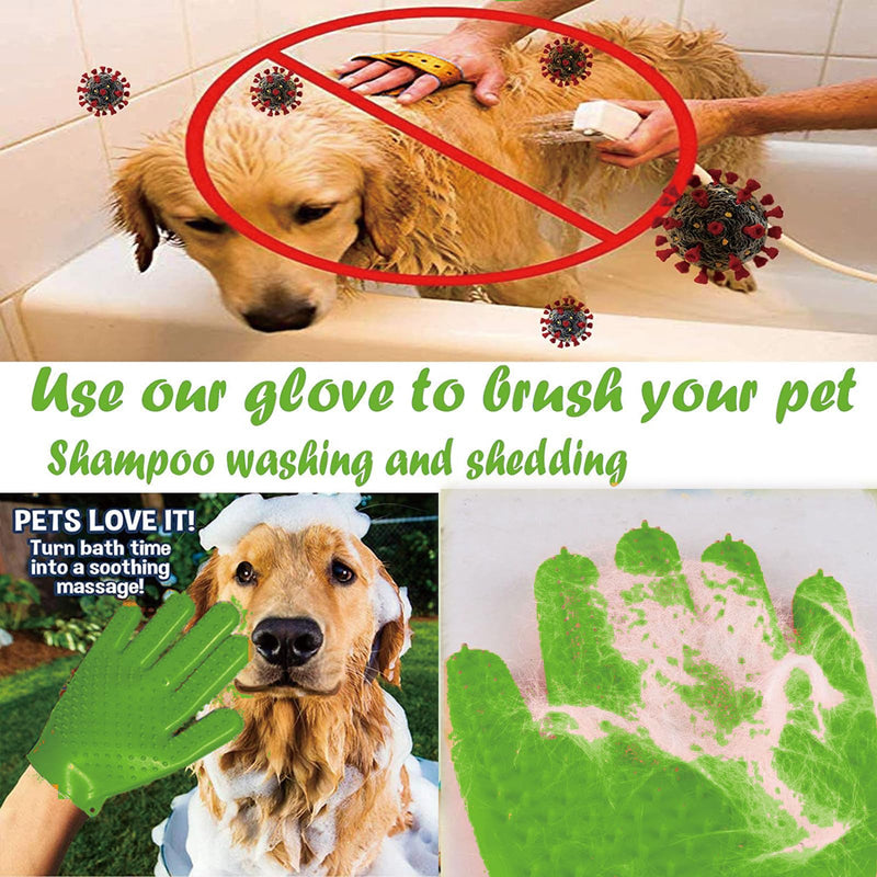 YOFANG Double-Side Pet Grooming Gloves, 4-in-1 Bathing Massage Hair Remover Brush, Anti-Slip Bite-Proof for Cat,Food Grade Silicone Deshedding Glove for Dogs Cats Horses Rabbits,Green-9" L (1 Pair) 9" L Green - PawsPlanet Australia