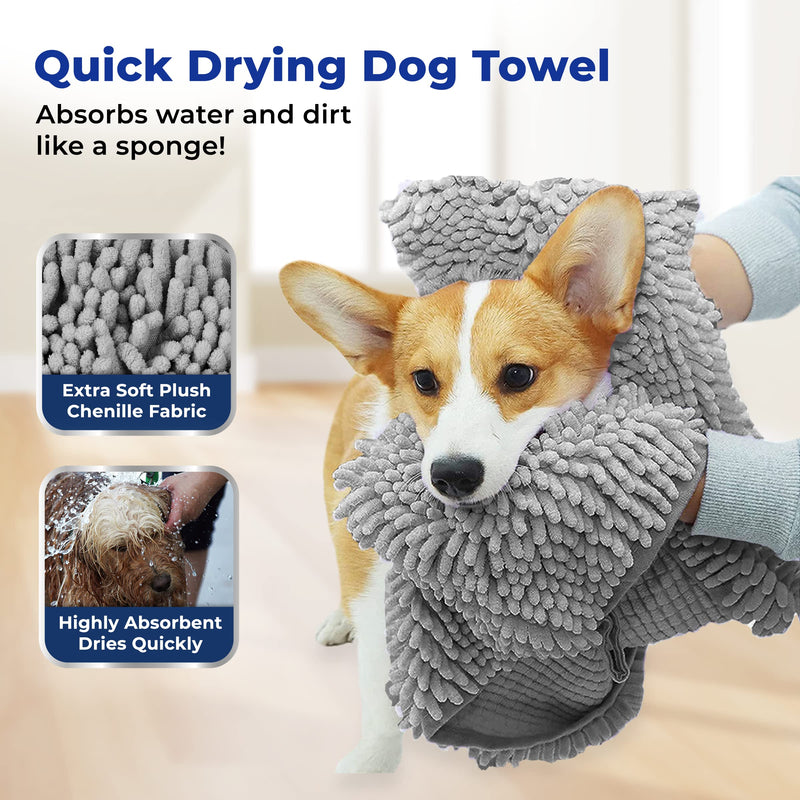 Muddy Mat Original Doggy Dryer, Highly Absorbent Microfiber Washable Dog Shammy Quick Drying Towel Absorber - Extra Soft Plush Wrap Chenille Bath Towels to Dry Soggy Large Pets & Small Puppy Grey - PawsPlanet Australia