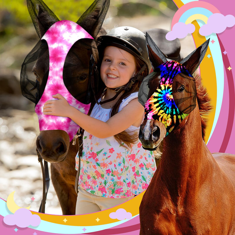 Chunful 6 Pcs Horse Fly Masks with Ears Smooth and Comfortable Mesh Fly Mask Elasticity Breathability UV Protection Horse Face Covering for Riding Supplies(Tie Dye,Medium) Tie Dye Medium