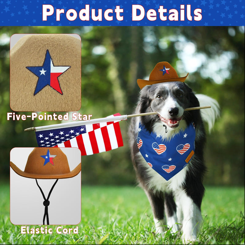 Vehomy 4th of July Pet Dog Costume - Dog Cowboy Hats with Star Décor Independence Day Dog Bandanas with American Flag Pattern 4th July Pet Hat and Scarf Outfit for Dogs Cats (4Pcs)