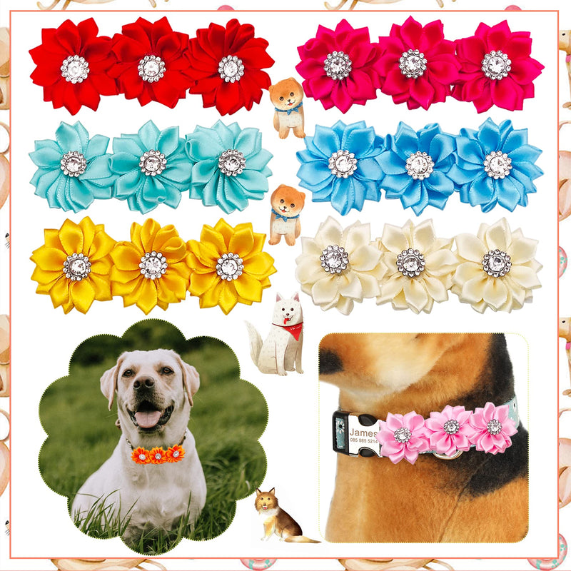 Dog Collar Flowers 10 Pcs Pure Bows with Rhinestones Slip on Collar Small Large Dogs Collars Flower Attachment Grooming Accessories - PawsPlanet Australia