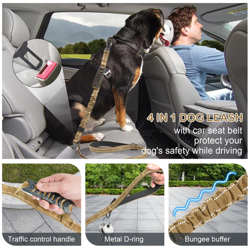 Tactical Dog Leash Heavy Duty, 4-6FT Shock Absorbing Bungee Dog Leash, Reflective Military Strong No Pull Dog Leash with 2 Padded Handle and Car Seatbelt for Medium Large Dogs, Khaki - PawsPlanet Australia