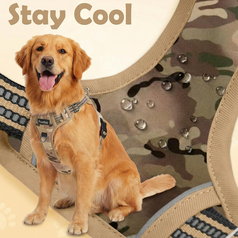 Funfox Dog Harness No Pull, Adjustable Pet Vest Harness, Super Soft Material with Vertical Handle Easy Control, Reflective Night Walking, 2 Leash Clips for Medium Sized Dogs, Camo Brown, M - PawsPlanet Australia