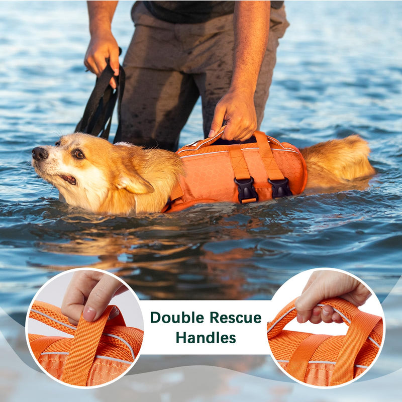 Kuoser Dog Life Jacket High Flotation, Reflective Dogs Life Vest for Swimming Boating, Adjustable Small Medium Large Dog lifejacket, Lightweight Dogs Life Preserver Rescue Handle Spring Summer Pool S (Chest Girth:16.9-21.3'') Bright Orange - PawsPlanet Australia