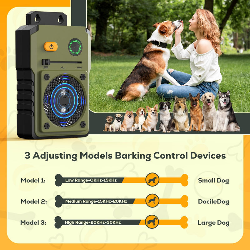 Anti Barking Device for Dogs, 3 Modes Ultrasonic Dog Bark Deterrent Devices Long Range 50ft, Type-C Rechargeable Bark Box Barking Control Devices, No More Barking Training Military green