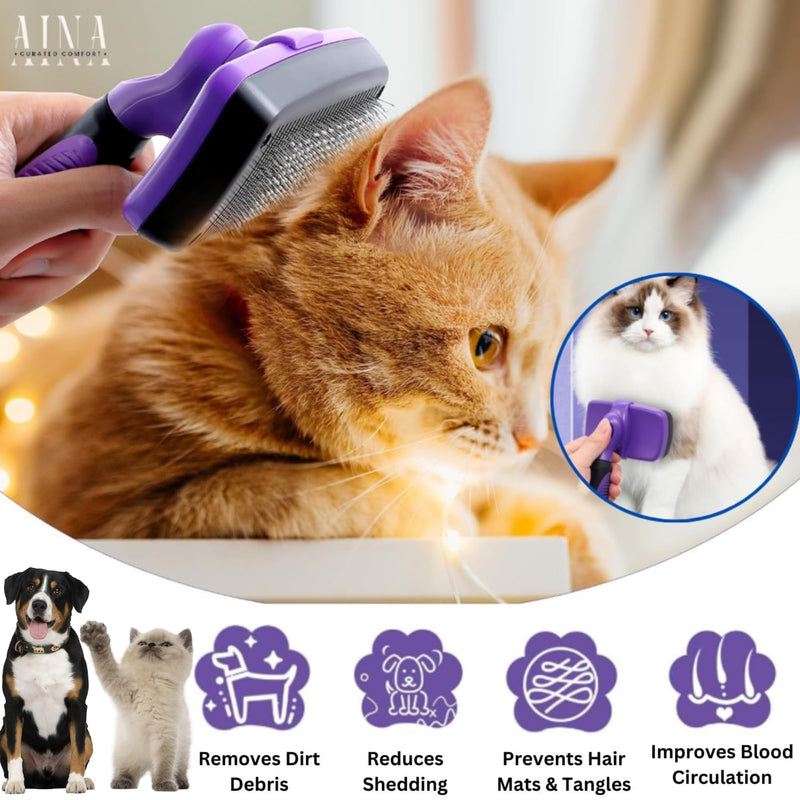 AINA Self-Cleaning Pet Grooming Brush | Pet Slicker Brush for Dogs & Cats Detangling & Fur Removal with Click Clean Button | Effective & Comfortable Pet Deshedding Brush, Perfect for Pet Grooming Large Purple - PawsPlanet Australia