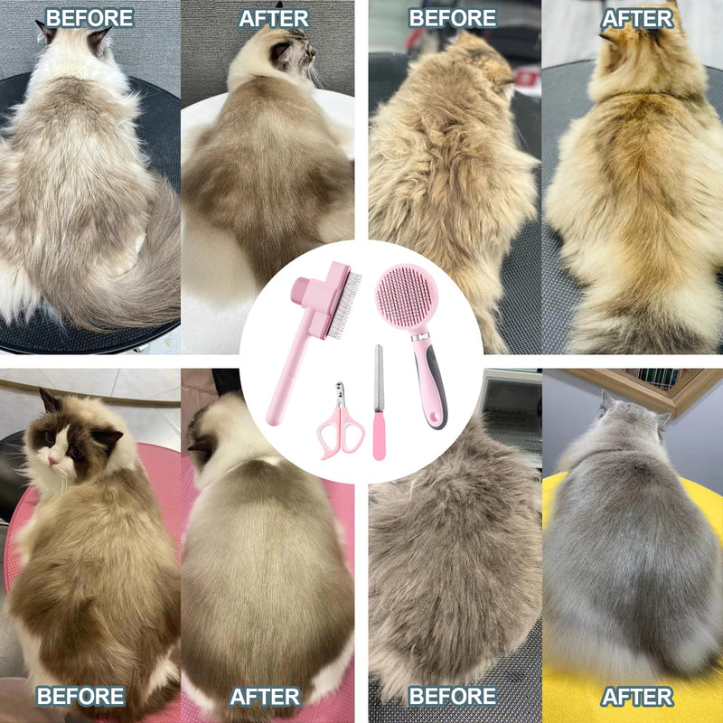 Cat Grooming Kit, 4-in-1 Cat Grooming Tools with Cats Brush, Flea Comb, Nail Clipper & Trimmer - Deshedding & Dematting for Pets Hair and Paws, Pet Shedding Set for Indoor Dogs & Cats (Pink) Pink - PawsPlanet Australia