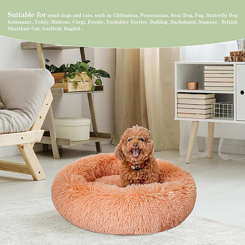 Calming Dog Bed for Small Dogs Cats, Kitty Puppy 23'' Round Anti-Anxiety Warm Fluffy Plush Faux Fur Bed, Soft Anti-Slip Donut Washable Small Pet Bed, Cozy Cat Puppy Bed, Fits up to 30 lbs Pets S (23.5x23.5x6.5) Solid Color Khaki - PawsPlanet Australia
