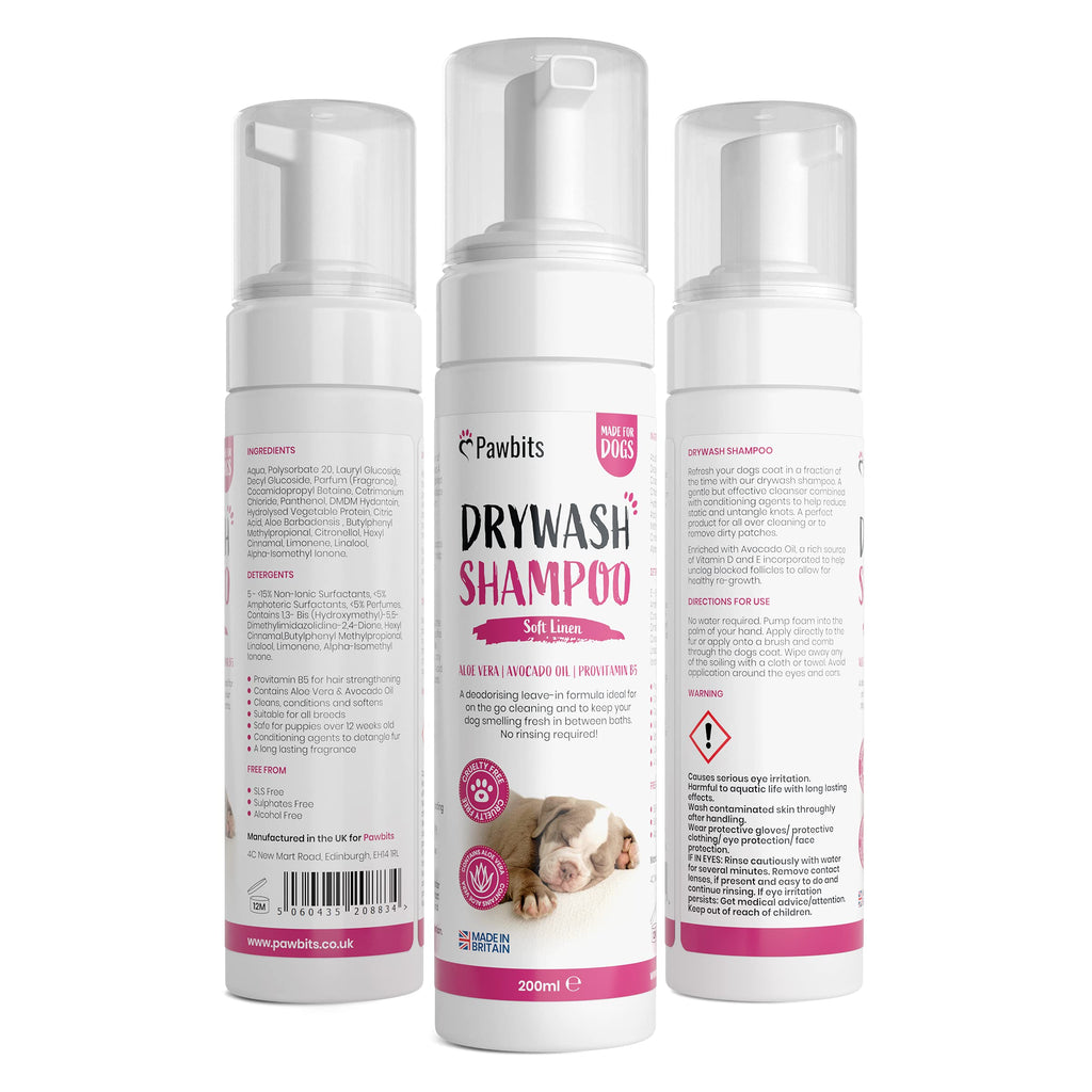 Pawbits Drywash Shampoo for Dogs - Puppy Friendly 3-in-1 Dry Shampoo to Clean, Condition & Detangle – No Water Required (Soft Linen - 200ml) Soft Linen - 200ML - PawsPlanet Australia