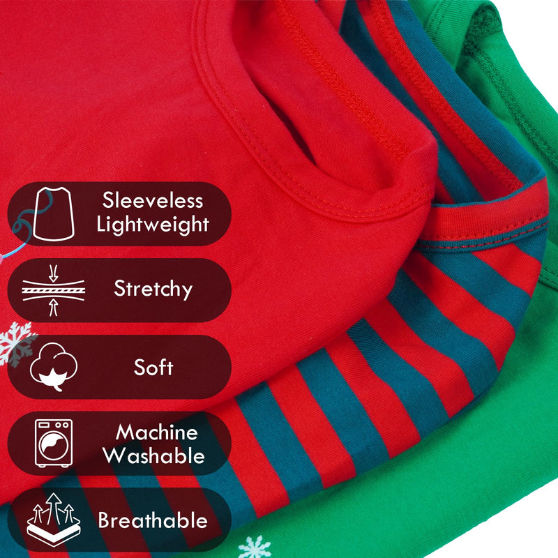 3 Pack Christmas Dog T-Shirt,Printed & Striped Set,Sleeveless Vest Autumn Winter Indoor Lounge Wear,Soft Lightweight Dachshund Clothes,Festival Party Cute Outfits(Red&Green,L) Red-Green-Stripes Large?Chest:18"?
