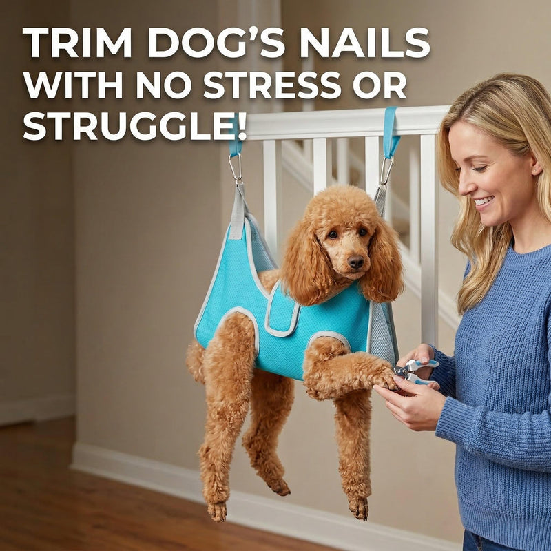Dog Grooming Hammock, Adjustable Restraint Sling for Nail Trimming, Hands-Free Grooming Harness for Easy Bathing, Haircuts & Claw Care at Home, Blue M M-（Leg Space:9-12.2") - PawsPlanet Australia