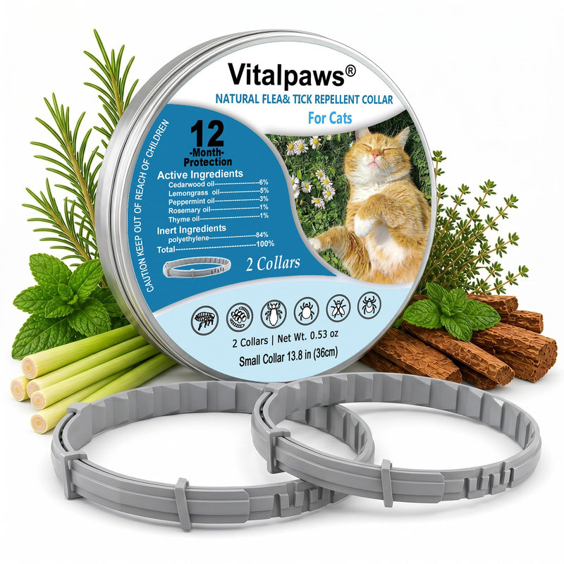 Flea Collar for Cats 2 Pack - 12 Month Natural Flea and Tick Prevention for Cats, Waterproof Cat Flea Collar with Continuous Release, Adjustable Kitten Collar
