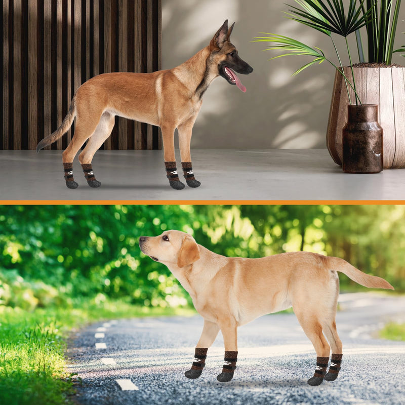 KOOLTAIL Anti Slip Dog Socks to Prevent Licking Paws for Hot/Clod Pavement, Waterproof Long Snow Dog Boots&Paw Protectors with Straps Traction Control for Hardwood Floor for Small Medium Large Dogs Brown with Paw Pattern - PawsPlanet Australia
