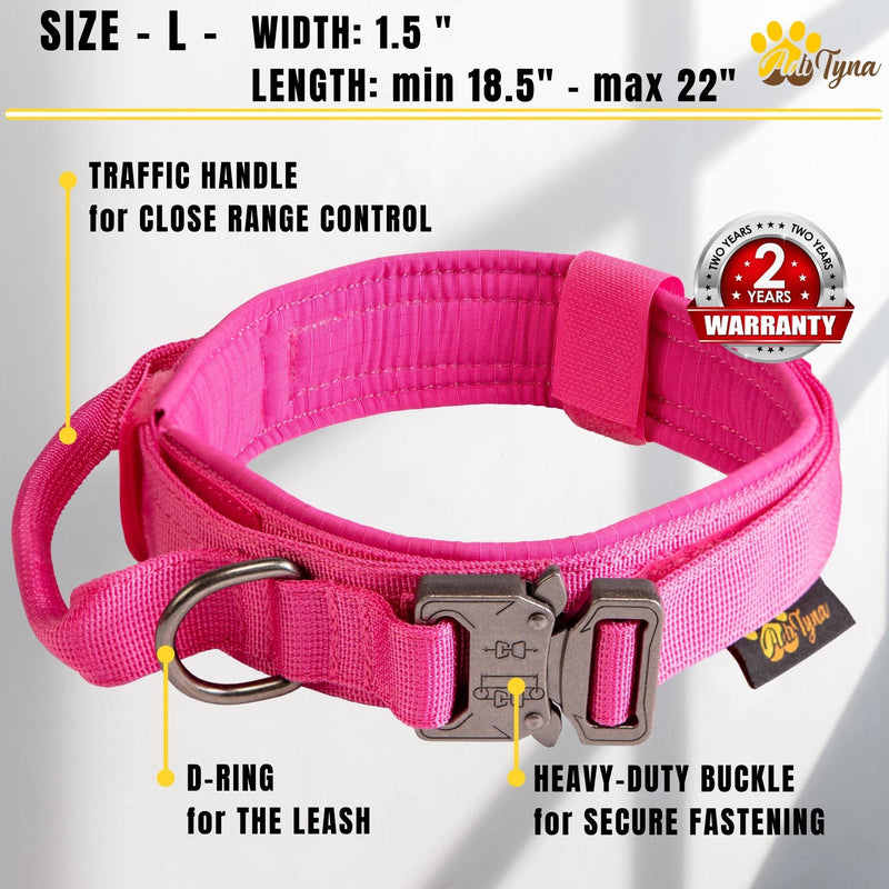 ADITYNA Premium Dog Collar with Metal Buckle - Tactical Dog Collar - Soft Padded, Heavy Duty, Adjustable Dog Collar with Handle for Training and Walking L Pink - PawsPlanet Australia