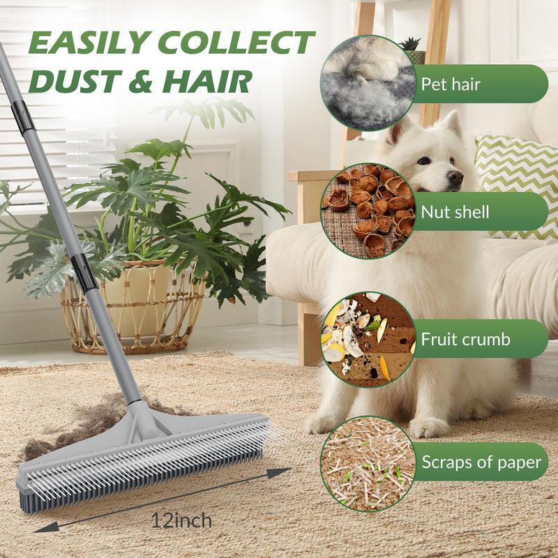 Walensee Carpet Rake for Pet Hair Removal, 2 in 1 Rug Rake to Fluff Carpet with Nylon Groomer Brush, Adjustable Long Handle for Shag Rugs, Stairs, Mats and Floors, Rubber Broom - PawsPlanet Australia