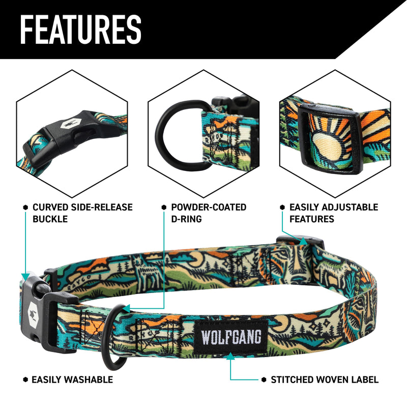 Wolfgang Heavy Duty, Adjustable Wide Venture Dog Collar with Quick Release Nylon Buckle for Walking & Training, WildWolf Print, Large Large (1.25 Inch x 18-22 Inch) - PawsPlanet Australia