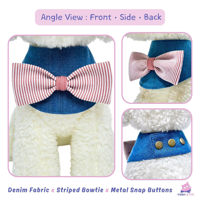 Denim Dog Bandana – Striped Bowtie, Soft & Durable Pet Scarf with Adjustable Metal Snap Buttons for Dogs & Cats (Red, Medium) Red