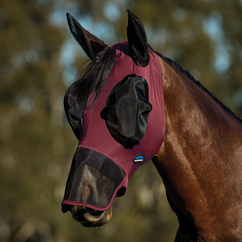 WeatherBeeta ComFiTec Luxe Stretch Fly Mask with Ears & Nose, Burgundy/Black, Medium M