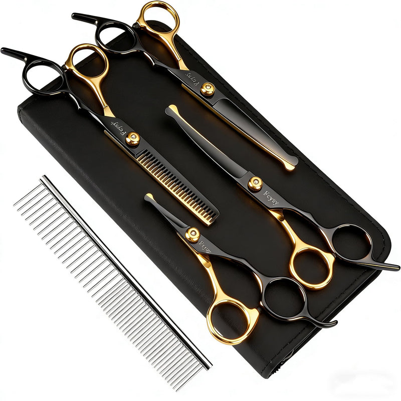 Dog Grooming Scissors Kit, Fcysy Professional Pet Shears for Cats at Home, Dog Grooming Tools with Curved & Straight Blades Scissors Thinning Shears Pet Supply Set Gold 7 Pcs - PawsPlanet Australia