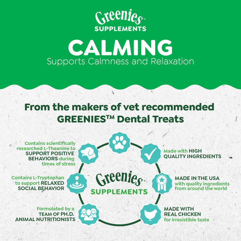 Greenies Supplements Calming Chews for Dogs Chicken Flavor, 80 Count Soft Chews Dog Calming Supplements, 4.7 oz Container - PawsPlanet Australia