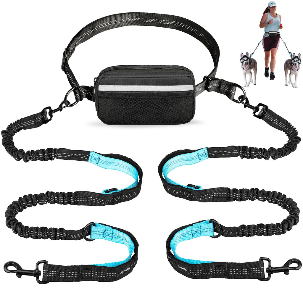 Hands Free Dog Running Leash with Adjustable Waist Belt, Dual Handle Elastic Bungees Retractable Rope for Medium and Large Dogs, Reflective Stitches for Walking Hiking Biking With Pouch for 2 dogs