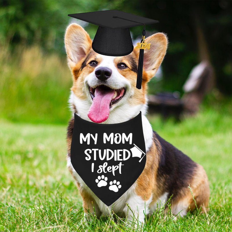 STMK Dog Graduation Cap Bandana, Graduation Dog Cap with 2024 Tassels Dog Graduation Outfits Gifts Graduation Bandana for Small Medium Large Dogs (Black, Cap & My Mom Studied I Slept Bandana) - PawsPlanet Australia