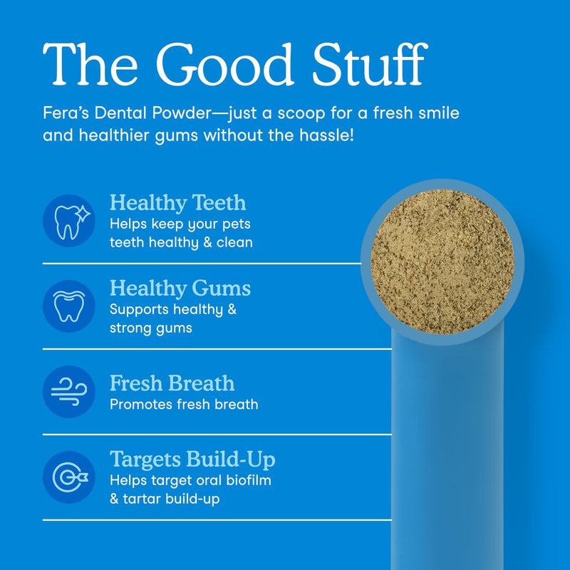 Fera Pets Cat & Dog Dental Support Powder - Supports Fresh Breath - Promotes Healthy Teeth and Gums - Targets Tartar Build-Up - Includes Kelp, Enzymes & Postbiotics - 60 Scoops - PawsPlanet Australia