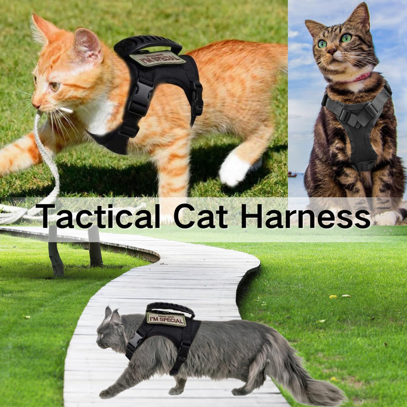Tactical Cat Harness and Leash Set Soft Mesh Adjustable Large Cat Vest with Rubber Handle Easy to Control for Large Cat Small Dog Outdoor Walking Black