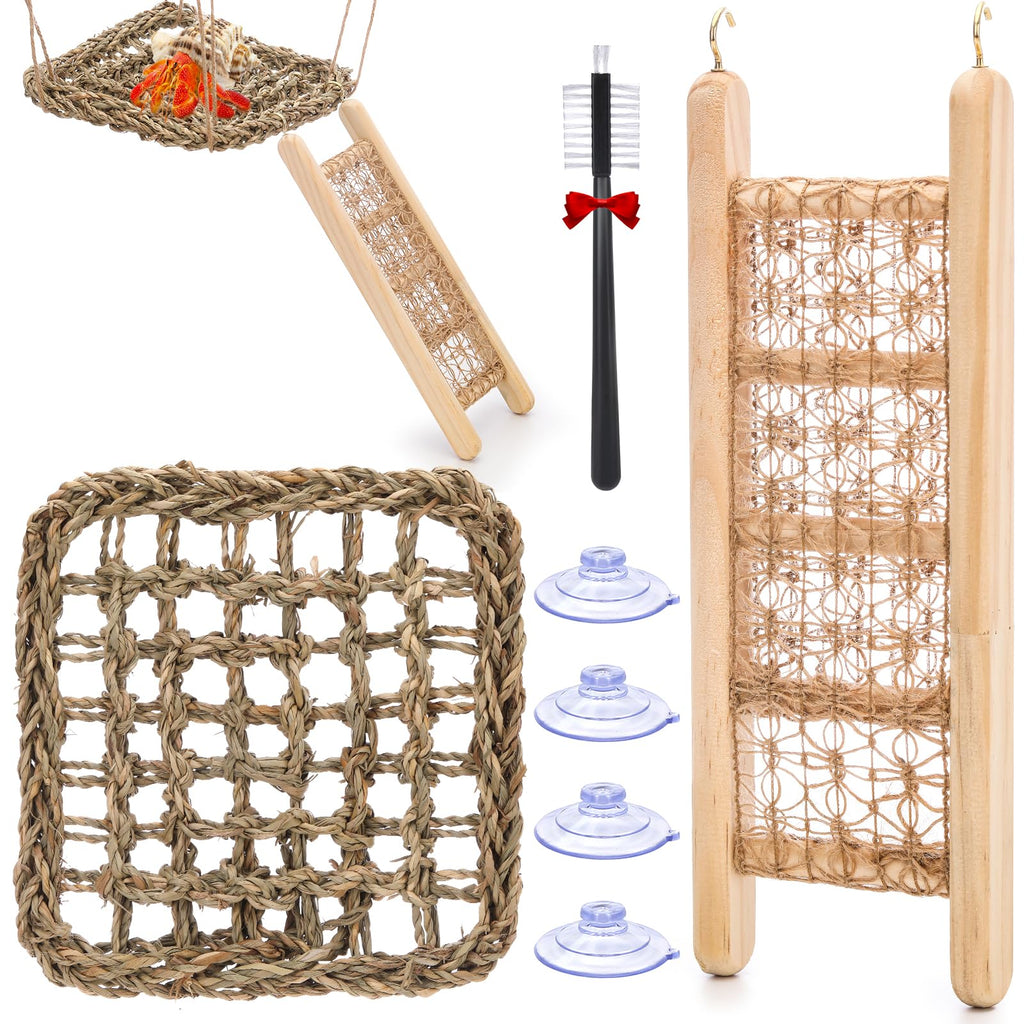 Hermit Crab Toys, Seagrass Hammocks and Hermit Crab Ladder Bridges Set with Small Brush, Hermit Crab Accessories are Perfect Decorations and Accessories for Aquariums and Tanks. Small Pet Safe