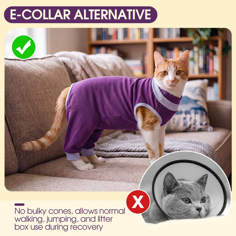 Cat Surgical Recovery Suit, Full Hind Leg Coverage Cat Post Surgery Suit, Cone Alternative, Drawstring Neck Anti Escape, Stop Licking and Scratching, Allergy Recovery Suit for Large Cats Purple