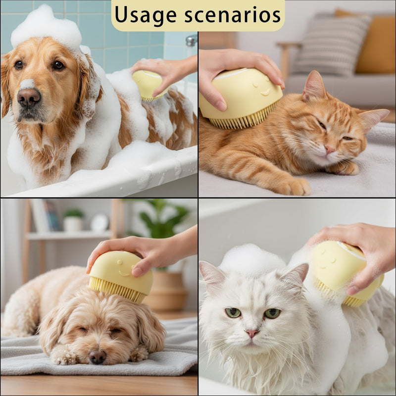 Pet Bath Massage Brush,Pet Bath Brush with Shampoo Dispenser,with Dog Grooming Comb,Suitable for Long and Short haired Dogs and Cats(Yellow)