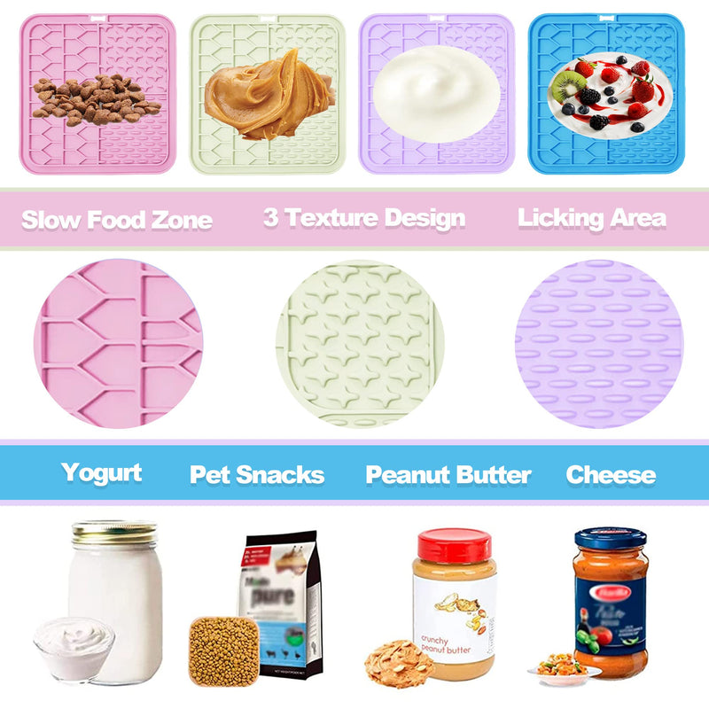 Lick Mat for Dogs and Cats，Cat Licking Pad with Suction Cups for Dog Anxiety Relief，Dog Peanut Butter Lick Pads for Dogs Perfect for Bathing Grooming,Slow Feeders for Dogs and Cats,4Pack pink+purple+blue+beige - PawsPlanet Australia