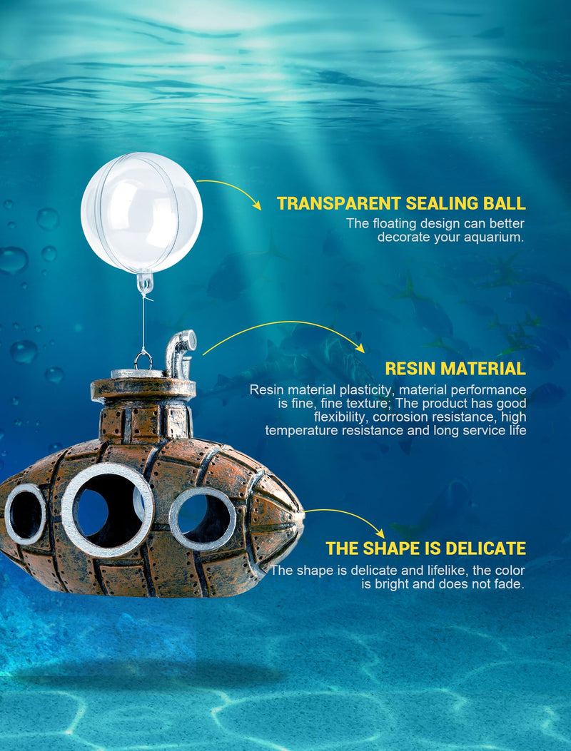 Floating Fish Tank Decoration, Little Cute Retro Submarine Aquarium Decoration with Two Float Balls , Resinous Fish Tank Accessorie, Safe Fish Toy for Betta Cichlid Goldfish Shrimps Hermit Crabs Floating submarine 4.9'' - PawsPlanet Australia