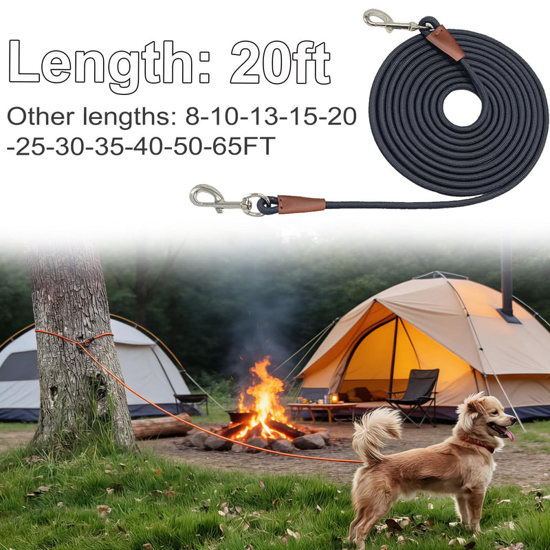 Tie Out Rope Dog Leash, Long Tether 8-10-13-15-20-25-30-35-40-50-65 FT Heavy Duty Nylon Check Cord for Medium Large Dogs 20FT Indoor/Outdoor Playing Camping Backyard (Black, 3/8") 3/8" x 20ft black - PawsPlanet Australia